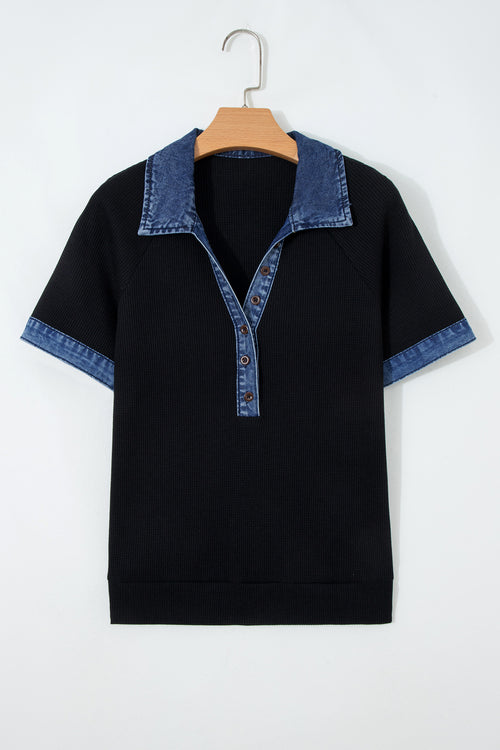 Black Waffle Knit Denim Contrast Top