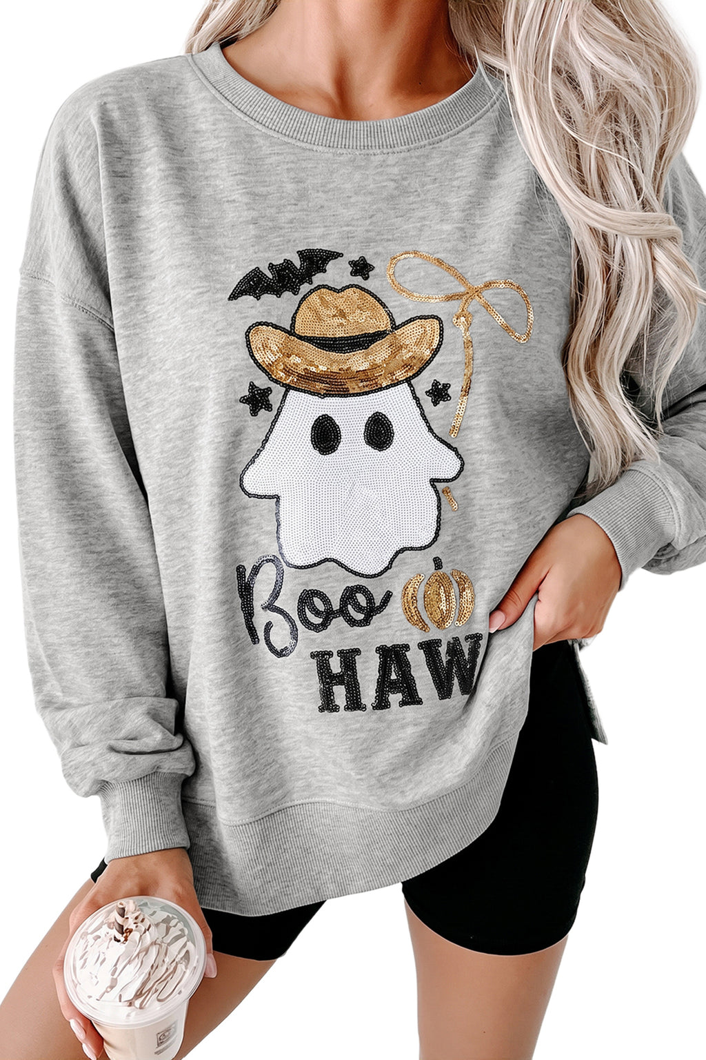 Medium Grey Sequin Western Ghost Print Long Sleeve Round Neck Sweatshirt