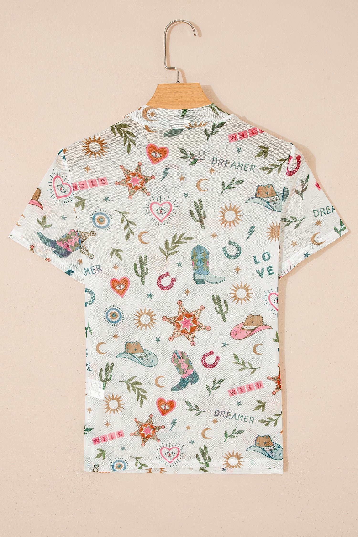 White LOVE WILD DREAMER Western Print Sheer Mesh Top