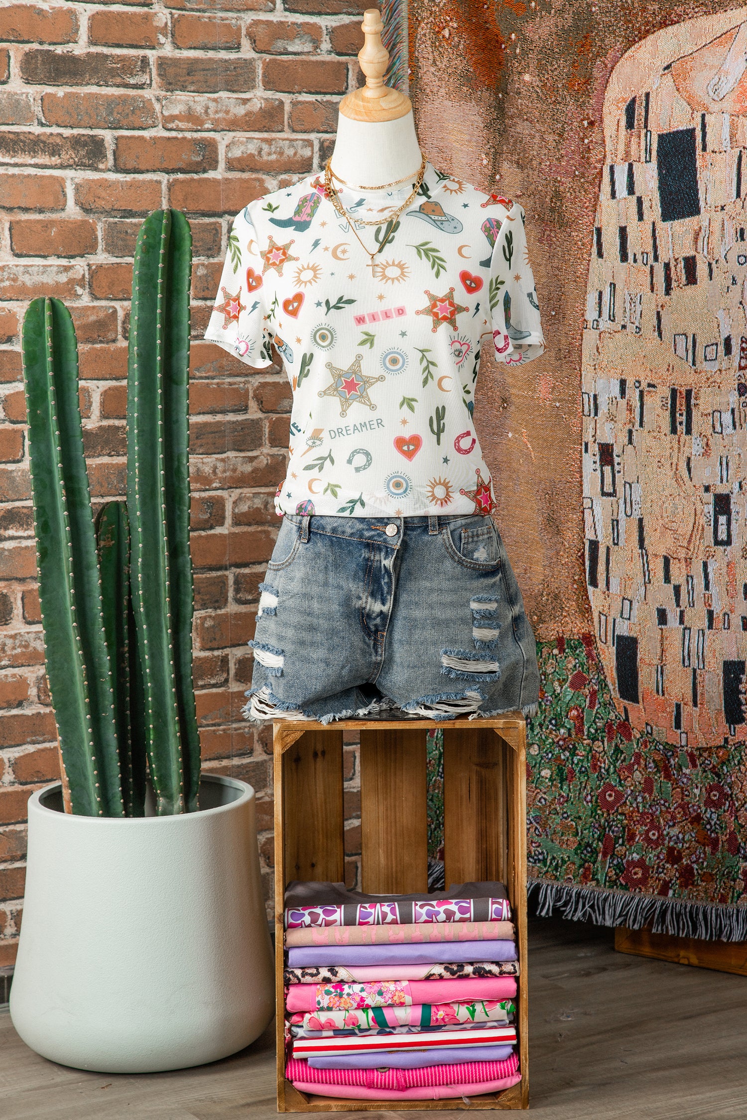 White LOVE WILD DREAMER Western Print Sheer Mesh Top