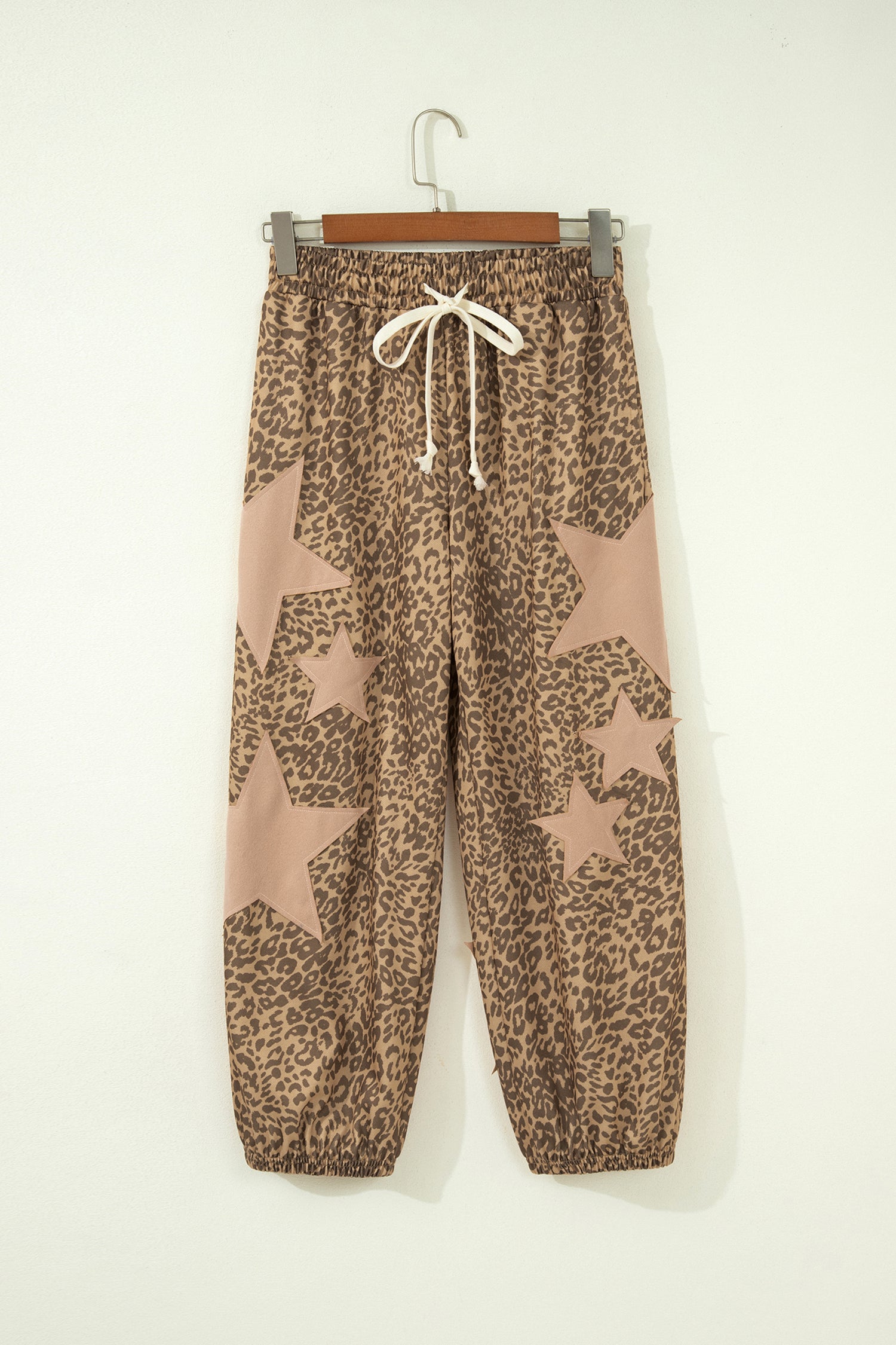 Khaki Leopard Print Star Patched Drawstring Elastic Waist Jogger Pants