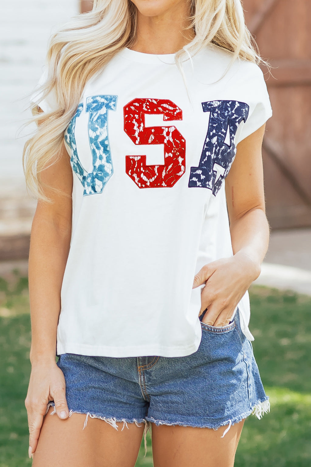 White USA Color Block Letter Printed Dolman Tee
