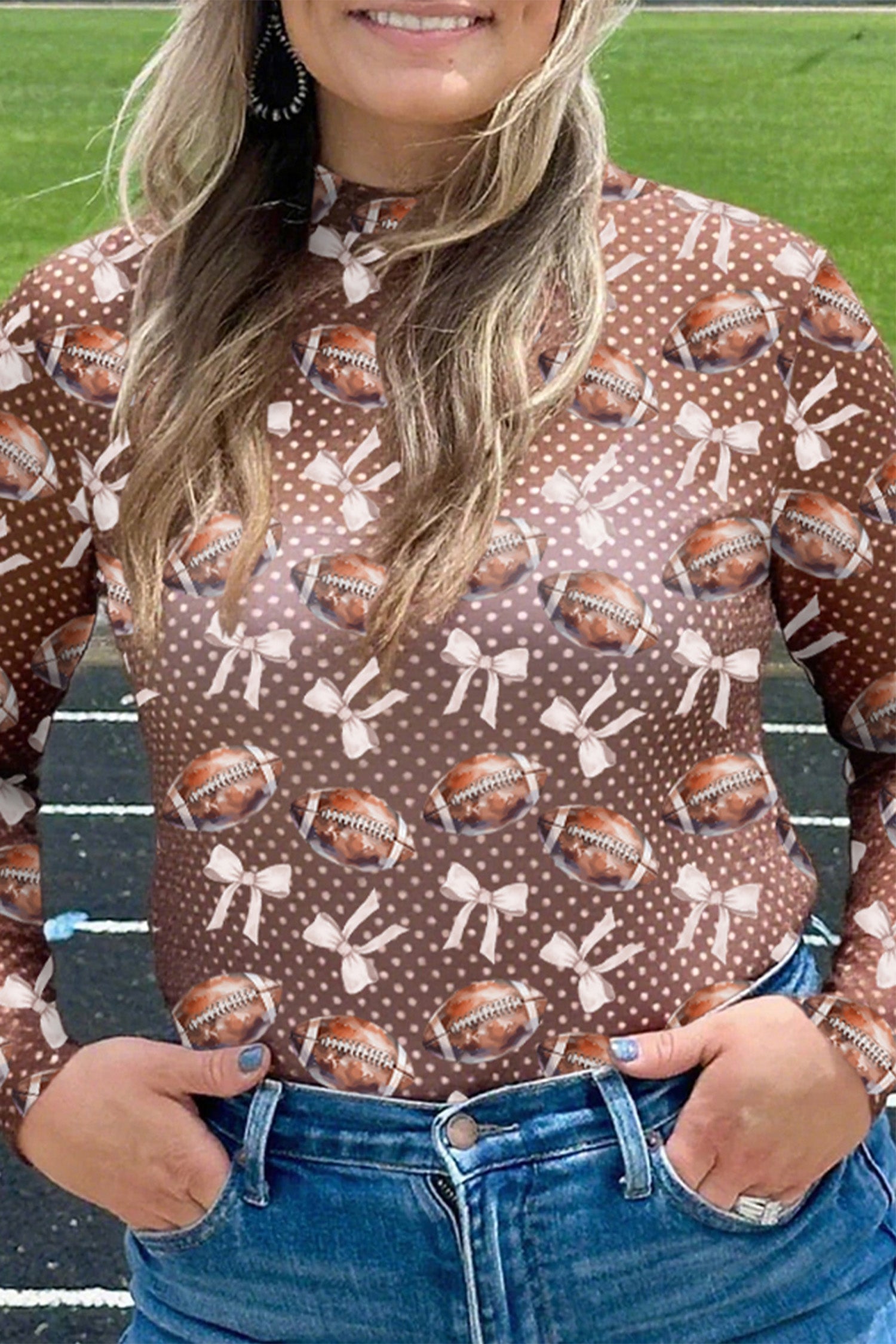 Brown Polka Dot Bow Printed Game Day Vibes Mesh Long Sleeve Top