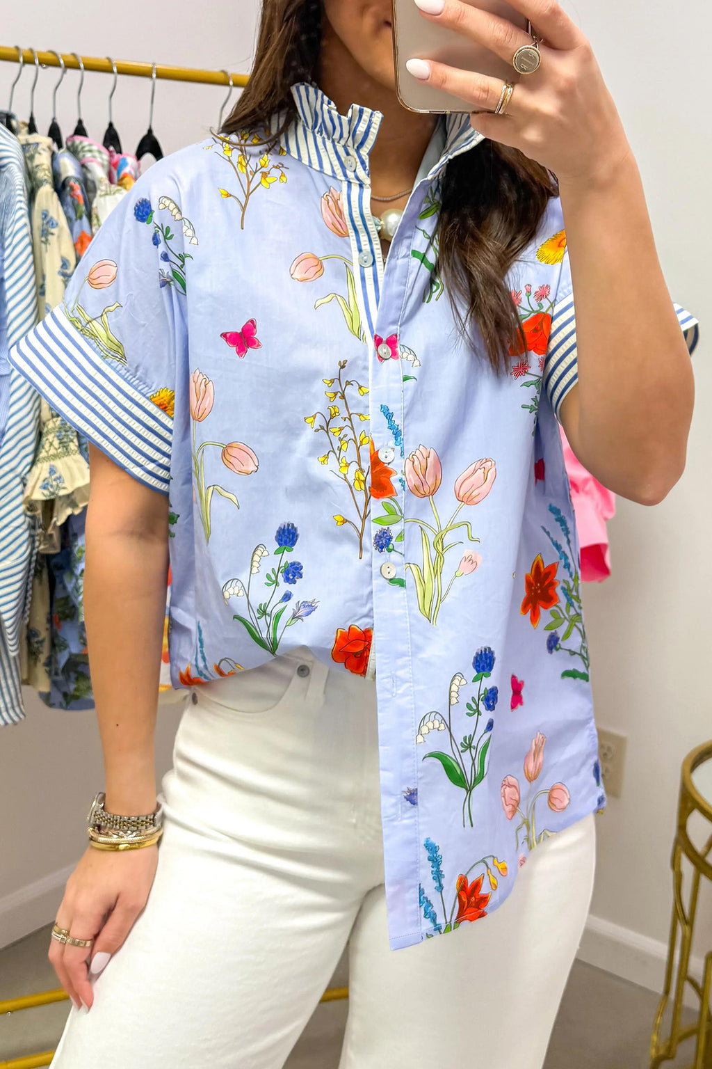 Beige Floral Striped Patchwork Ruffled Collar Short Sleeve Shirt