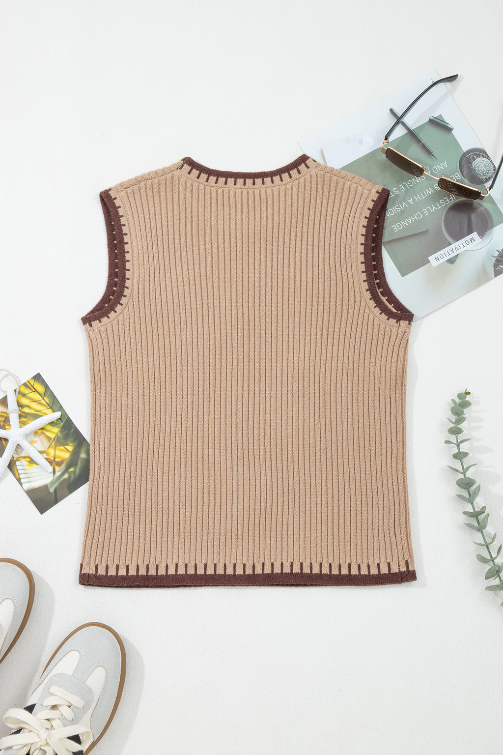 Light French Beige Ribbed Knit Contrast Trim Round Neck Horseshoe Sweater Vest