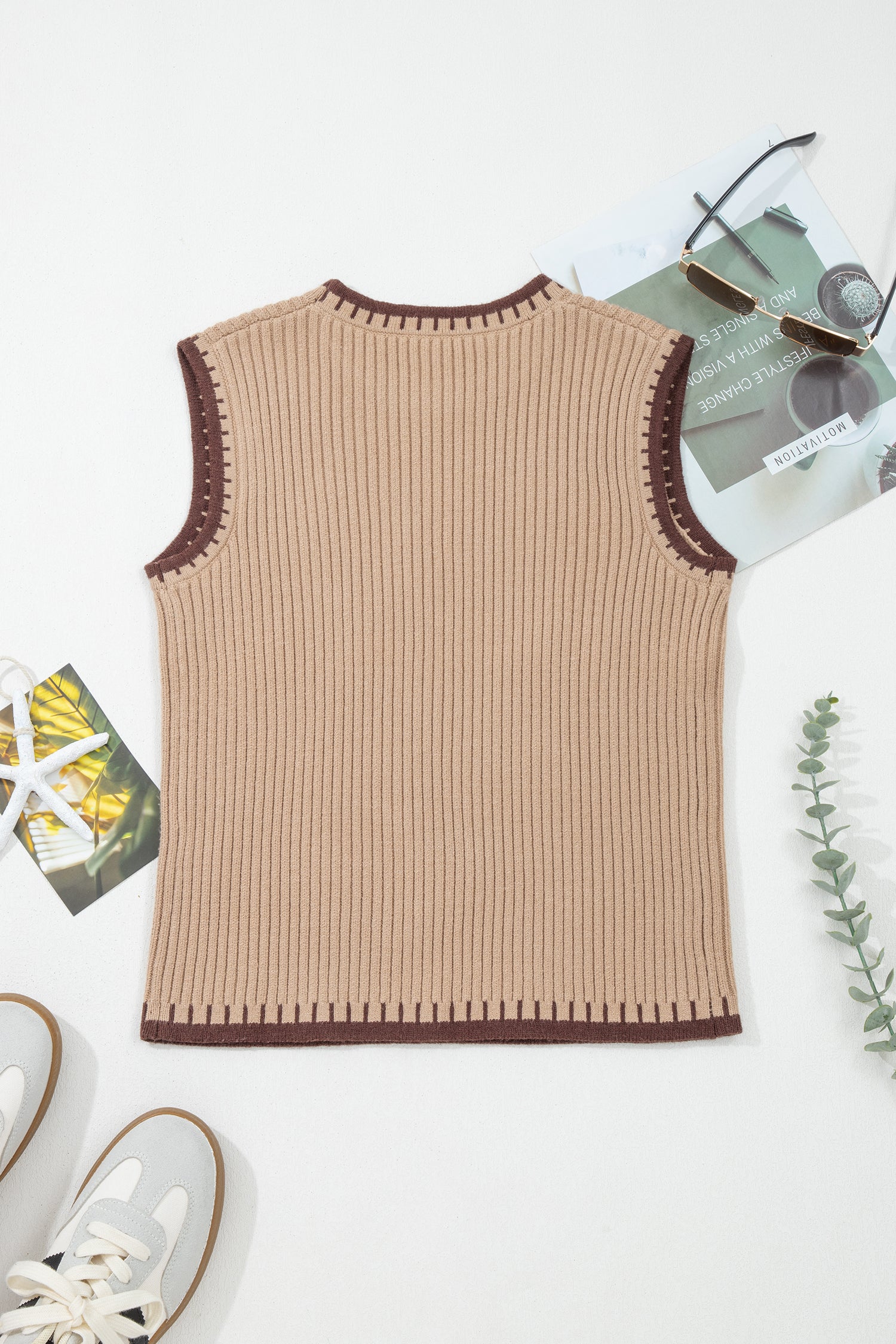 Light French Beige Ribbed Knit Contrast Trim Round Neck Horseshoe Sweater Vest