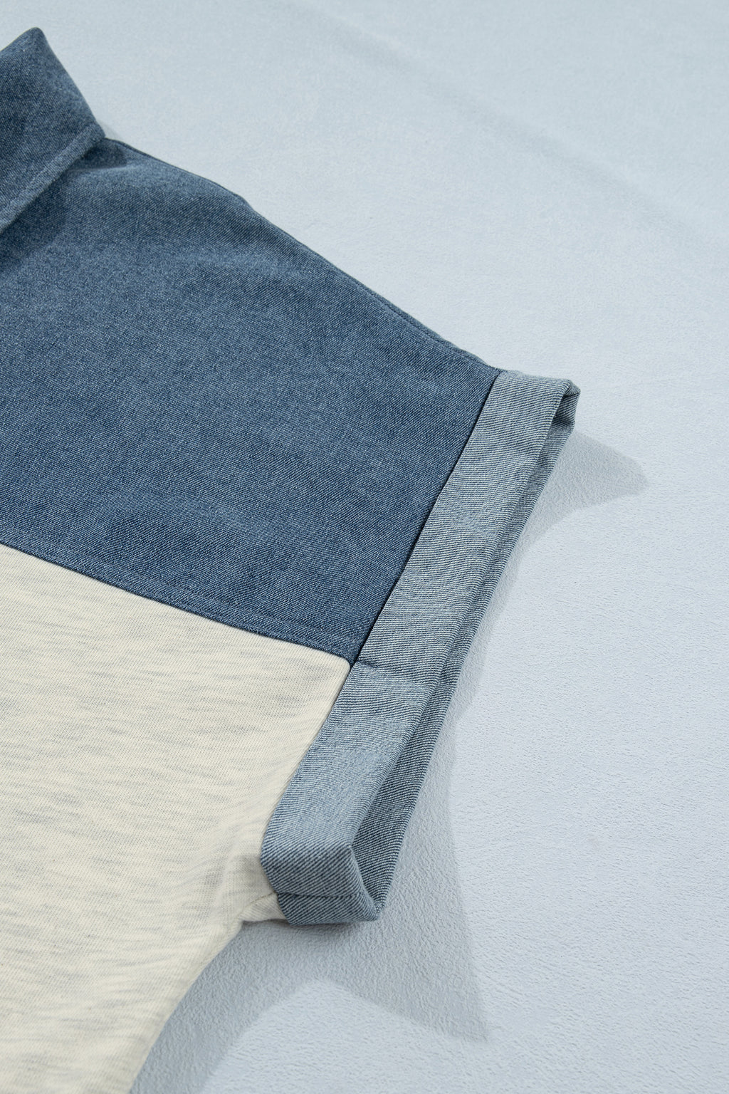 Light Grey Half Buttons Collared Denim Patchwork Plus Short Sleeve Top