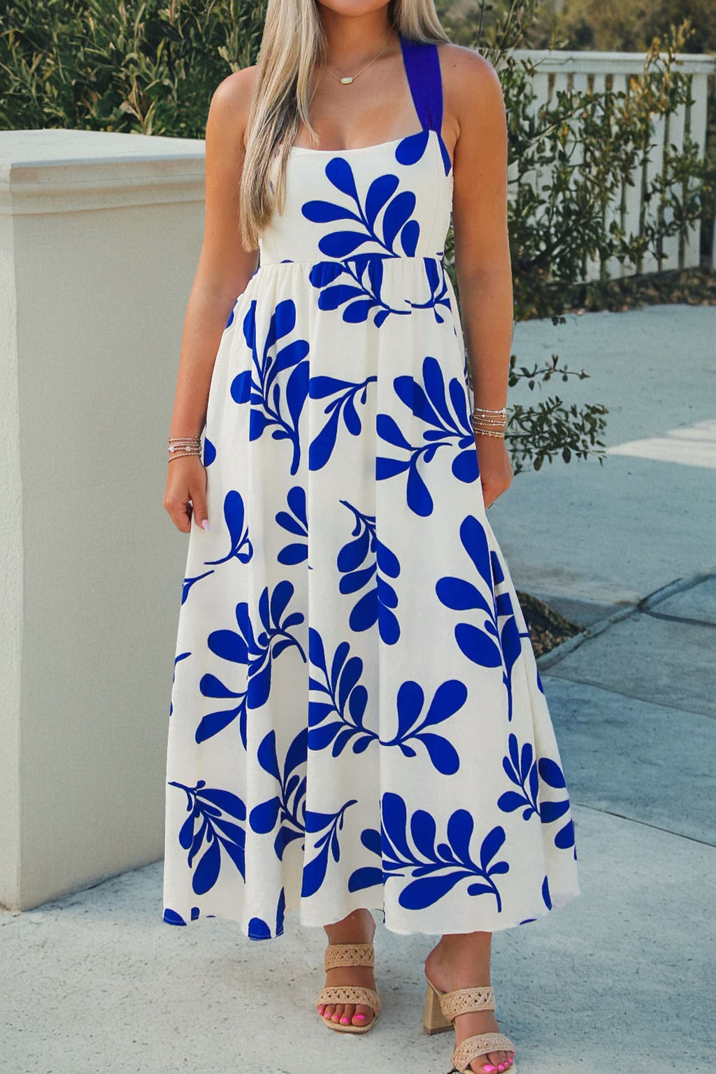 Blue Floral Print Crisscross Tie Back Sleeveless Long Dress