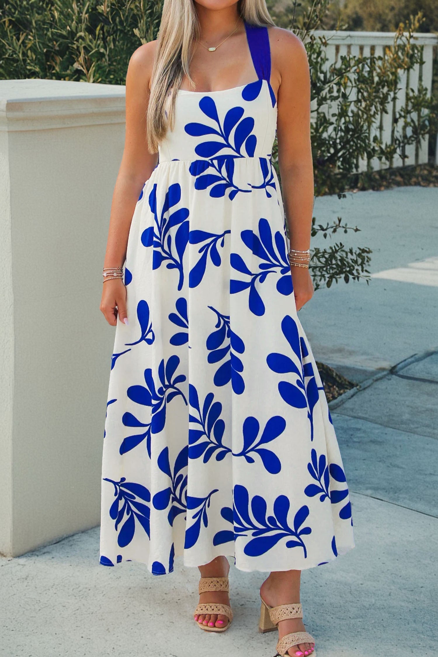 Blue Floral Print Crisscross Tie Back Sleeveless Long Dress