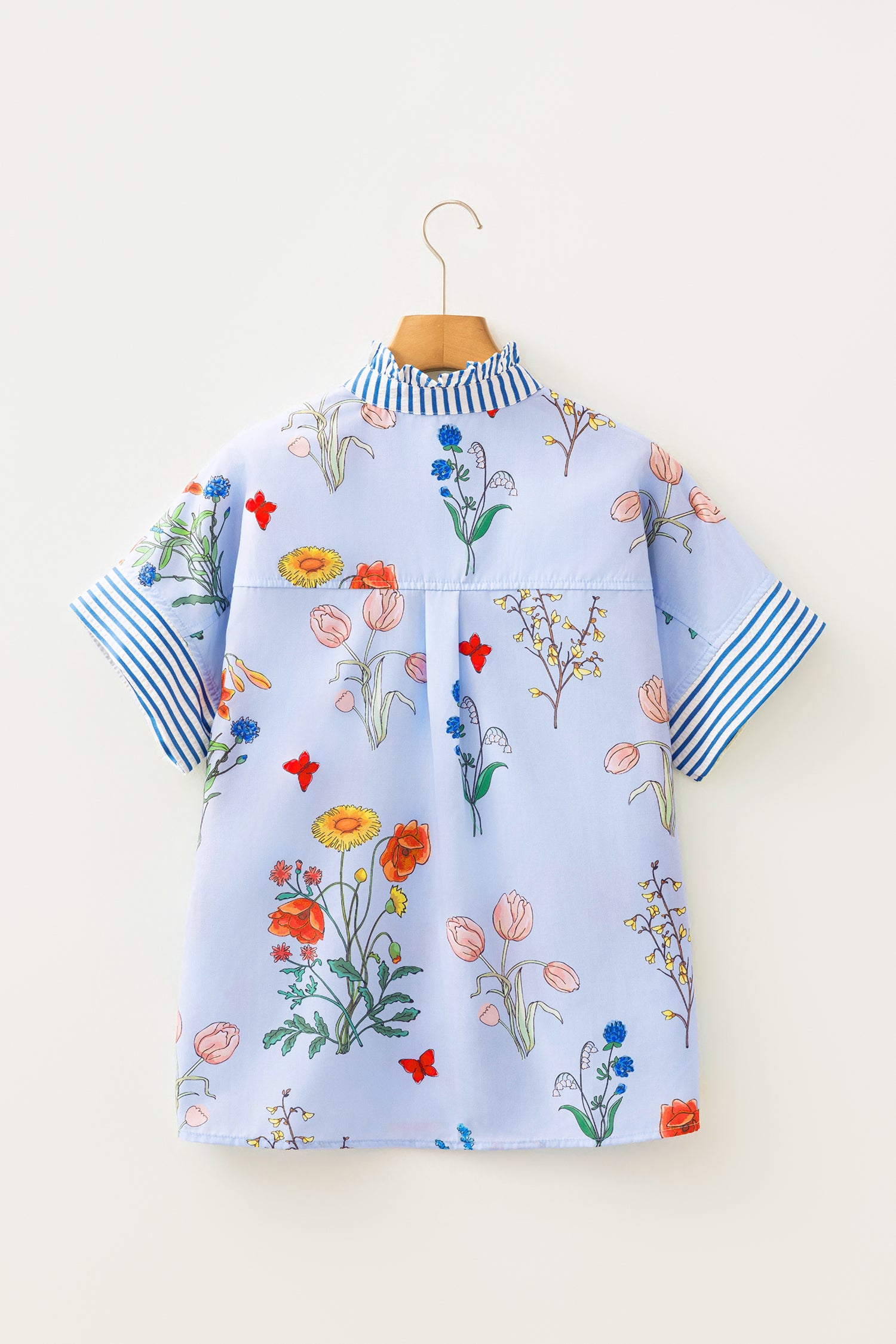 Beige Floral Striped Patchwork Ruffled Collar Short Sleeve Shirt