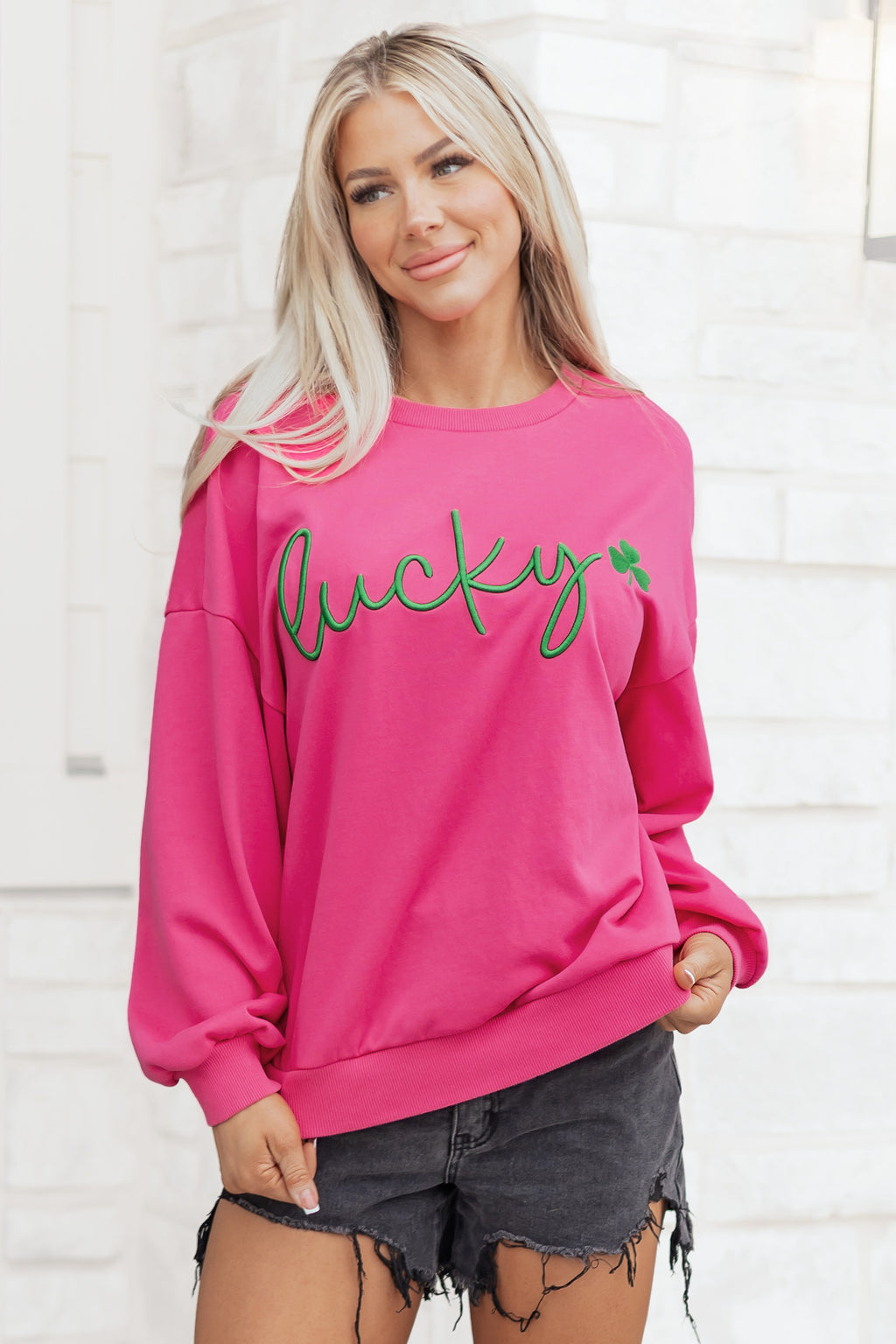 Rose Red Lucky Clover Embroidered Sweatshirt