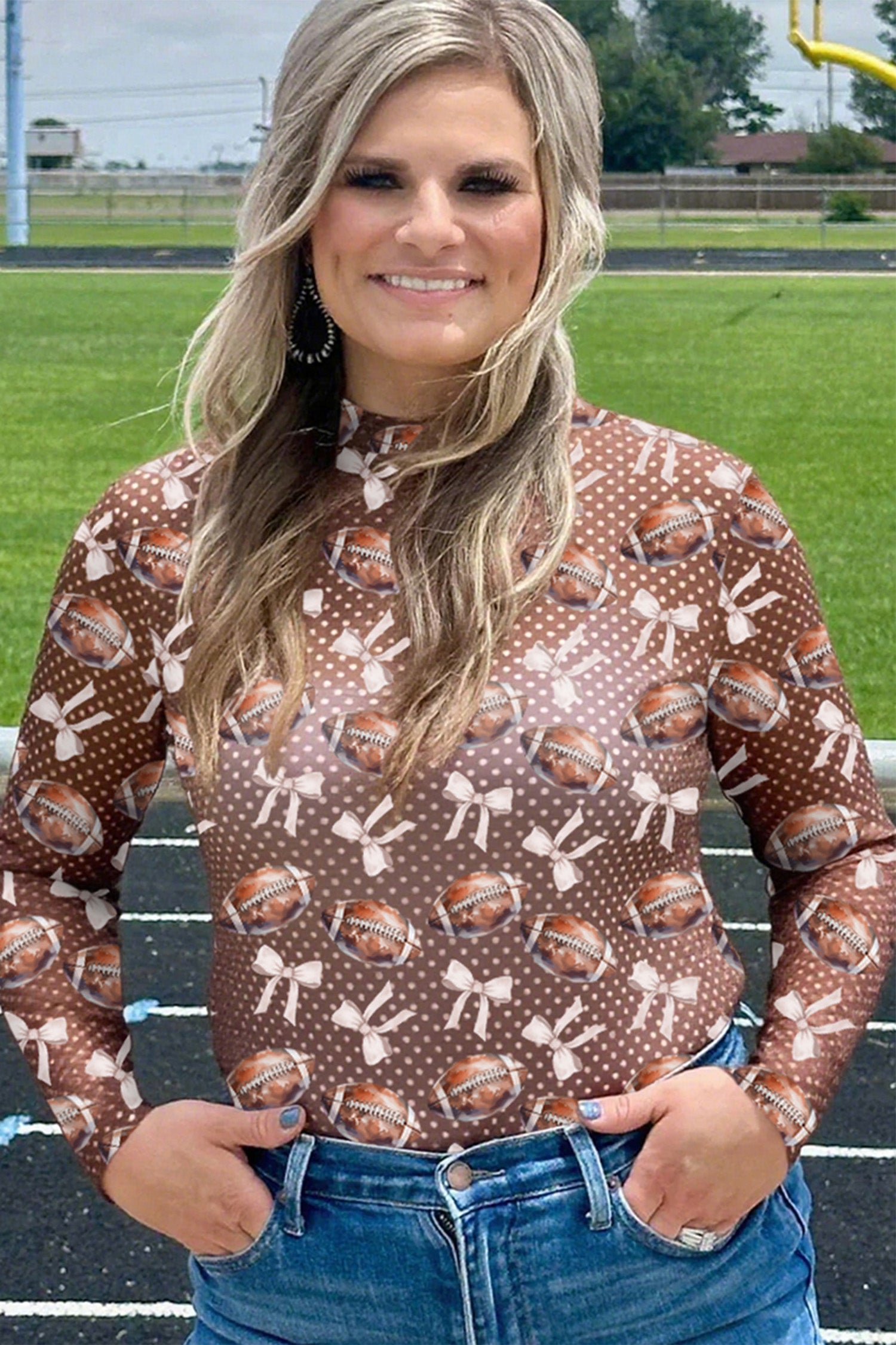 Brown Polka Dot Bow Printed Game Day Vibes Mesh Long Sleeve Top