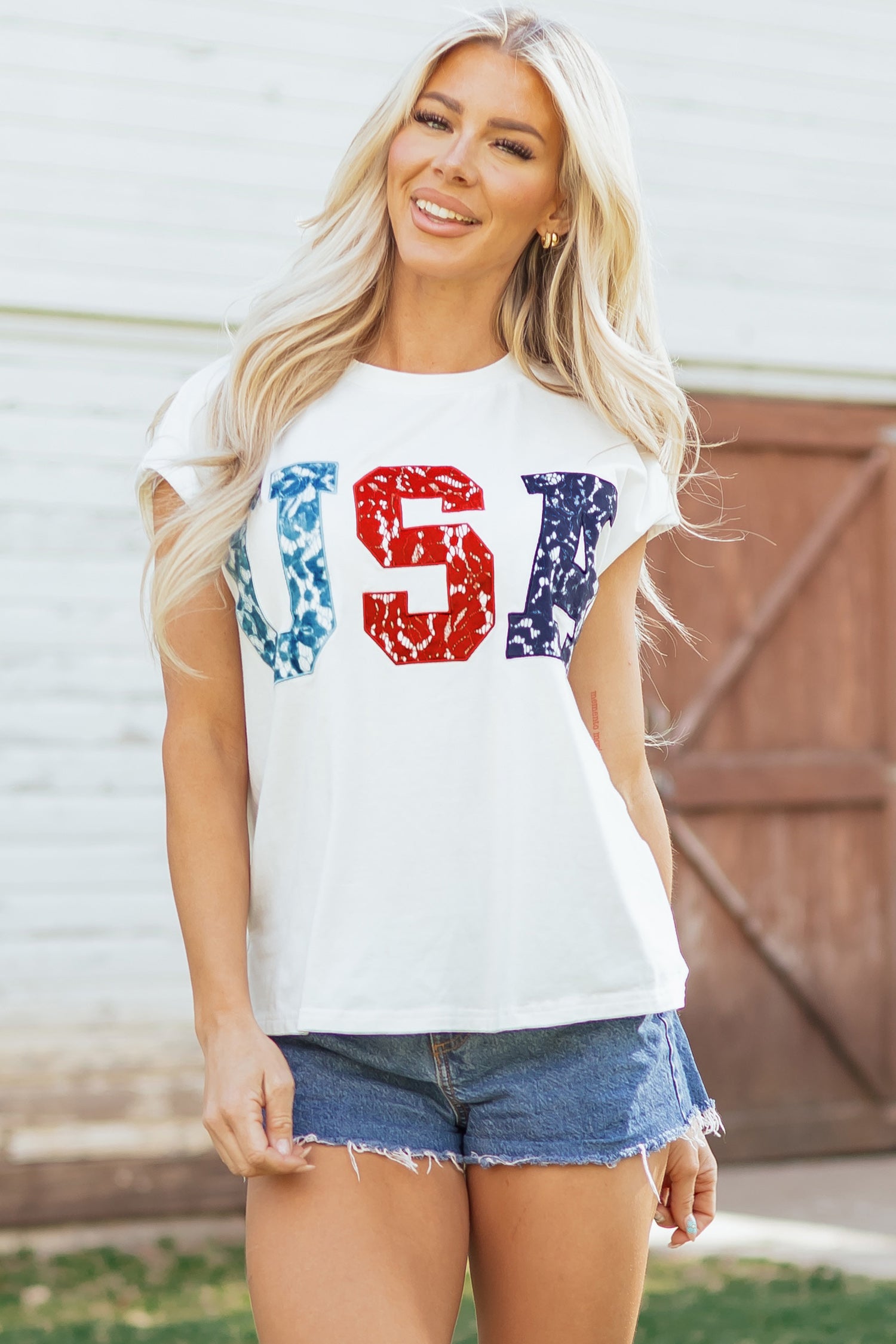 White USA Color Block Letter Printed Dolman Tee