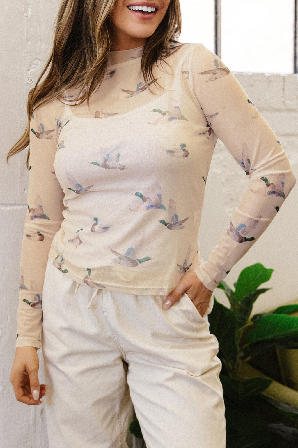 Beige High Neck Western Print Mesh Sheer Long Sleeve Top
