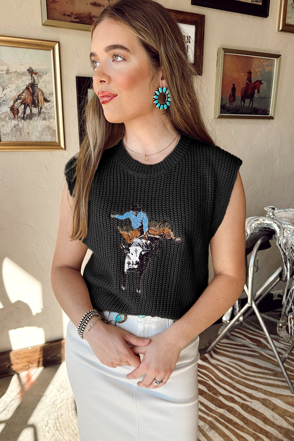 Black Western Cowboy Embroidery Sleeveless Sweater
