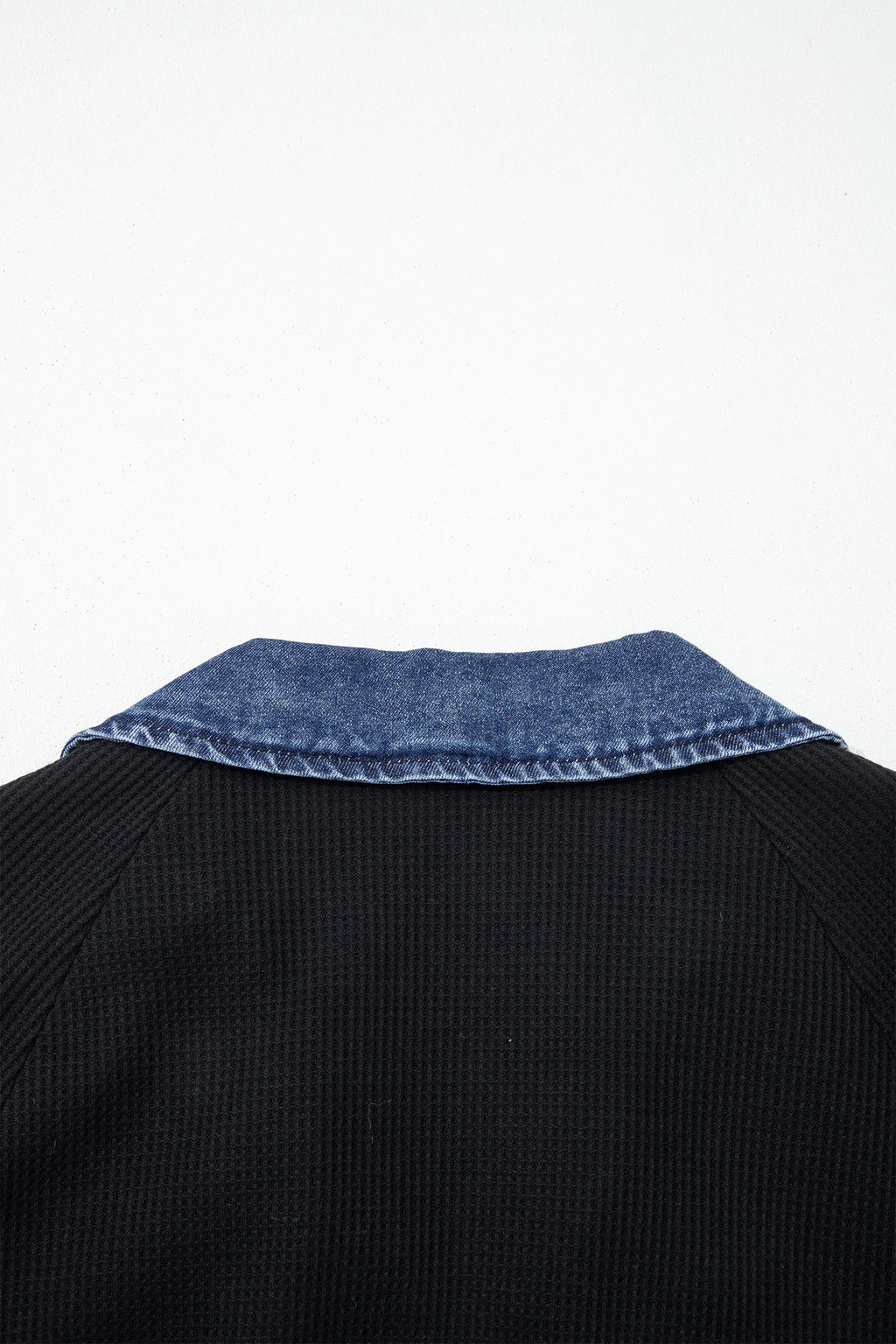 Black Waffle Knit Denim Contrast Top