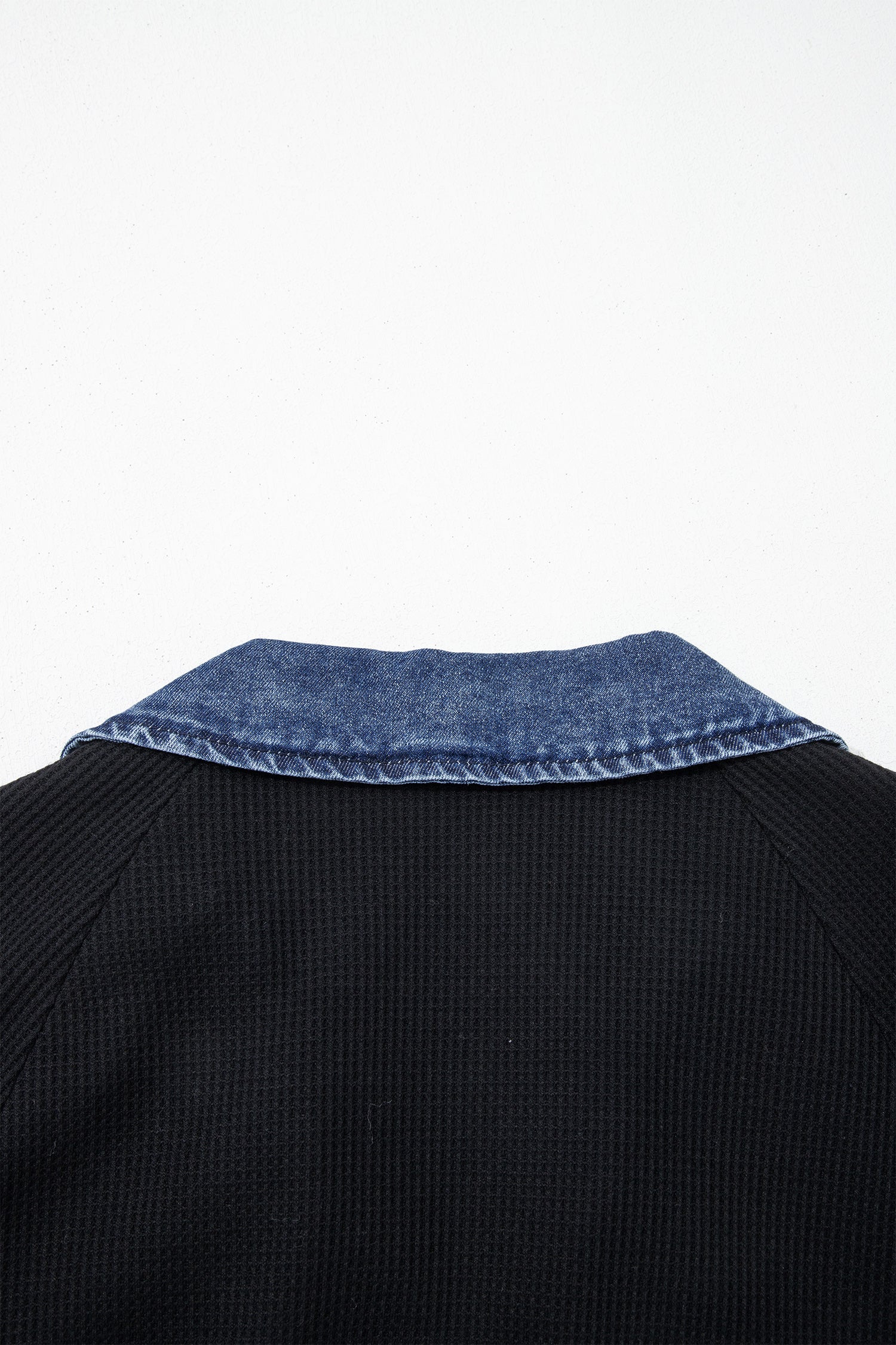Black Waffle Knit Denim Contrast Top