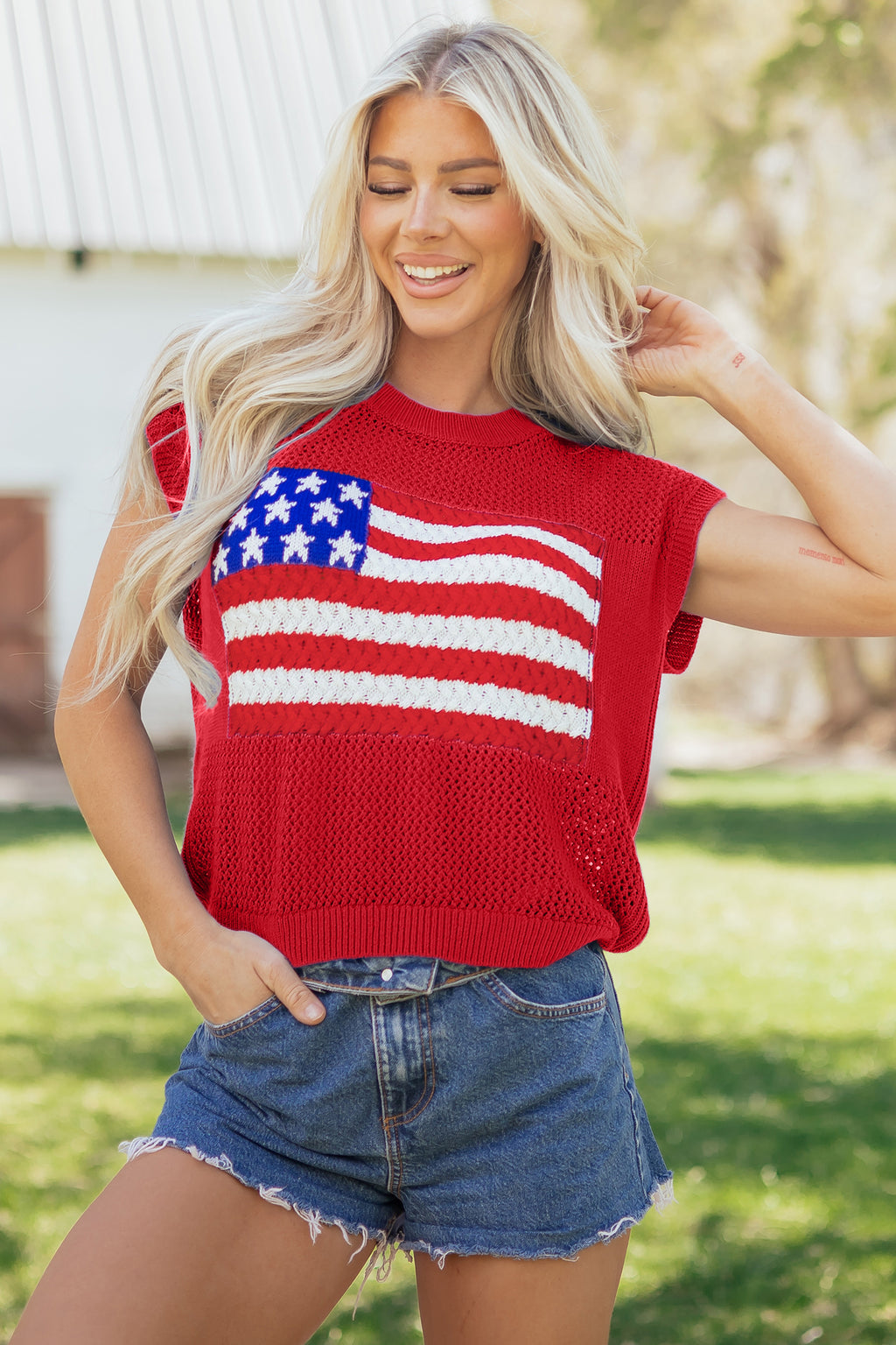 Fiery Red Flag Graphic Short Sleeve Sweater Top