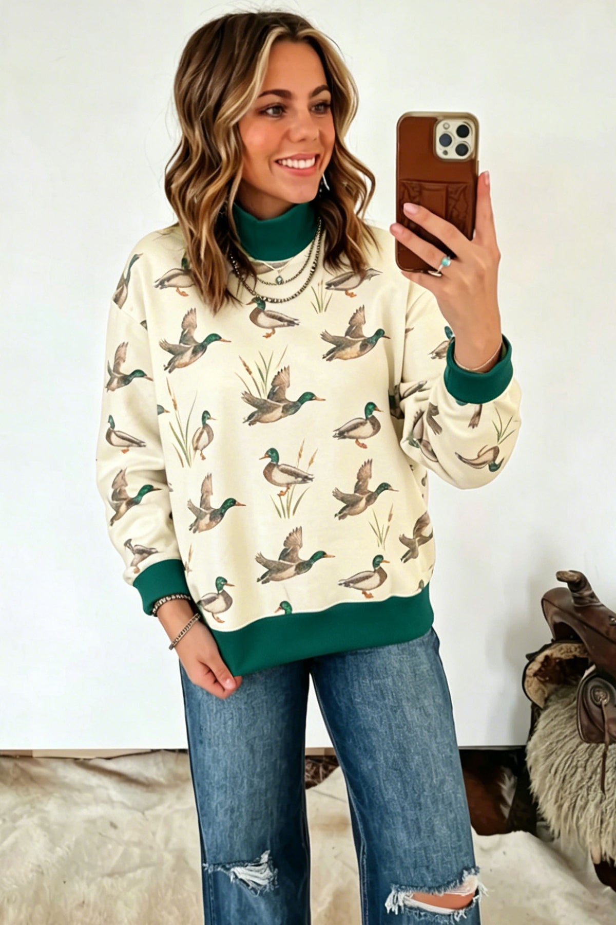 Mallard Print  High Neck Sweatshirt