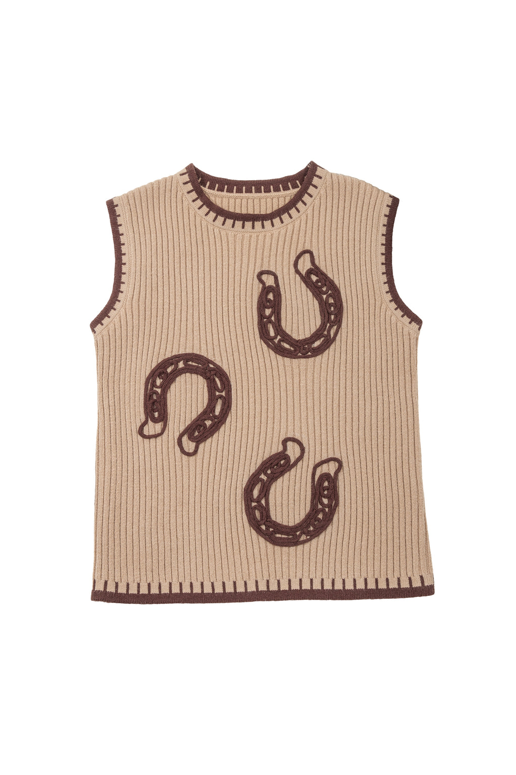 Light French Beige Ribbed Knit Contrast Trim Round Neck Horseshoe Sweater Vest