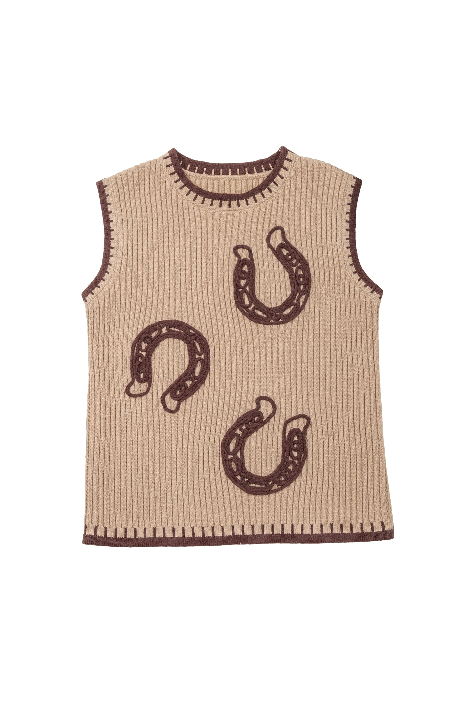 Light French Beige Ribbed Knit Contrast Trim Round Neck Horseshoe Sweater Vest