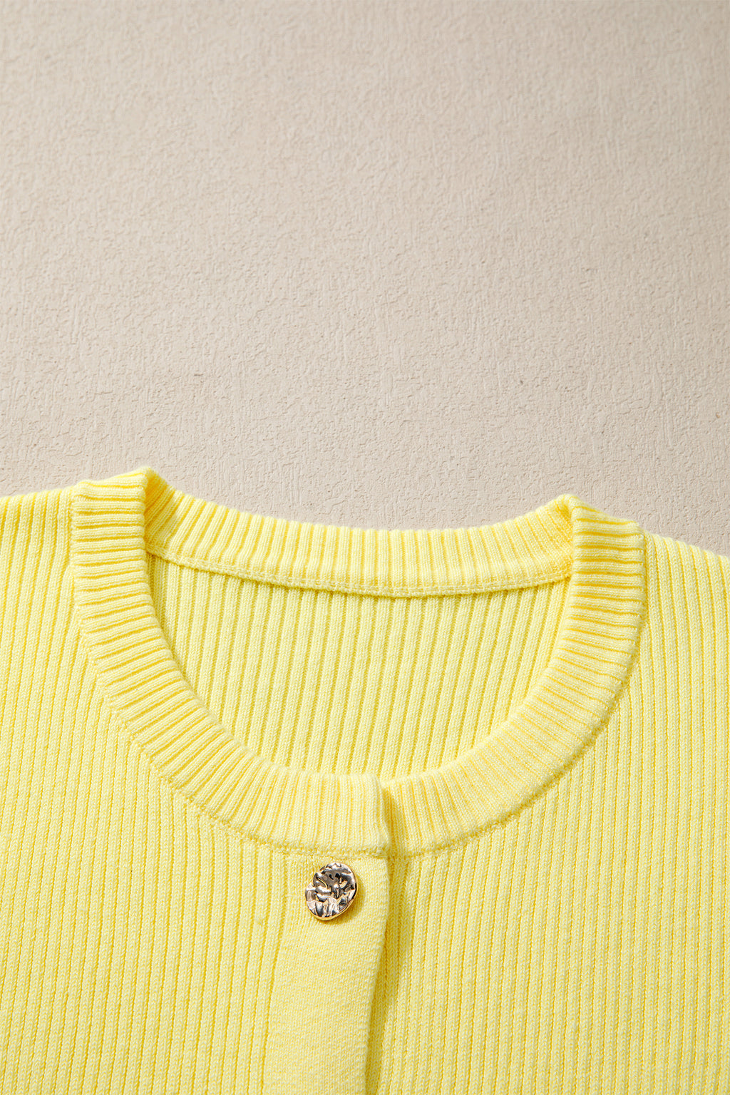 Yellow Cream Ribbed Knit Contrast Frilled Short Sleeve Sweater Cardigan
