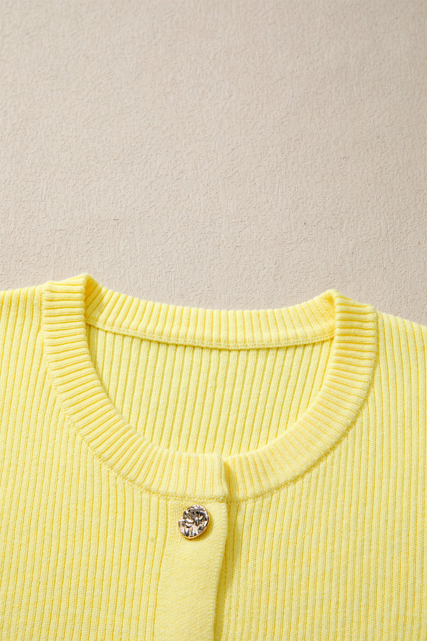 Yellow Cream Ribbed Knit Contrast Frilled Short Sleeve Sweater Cardigan