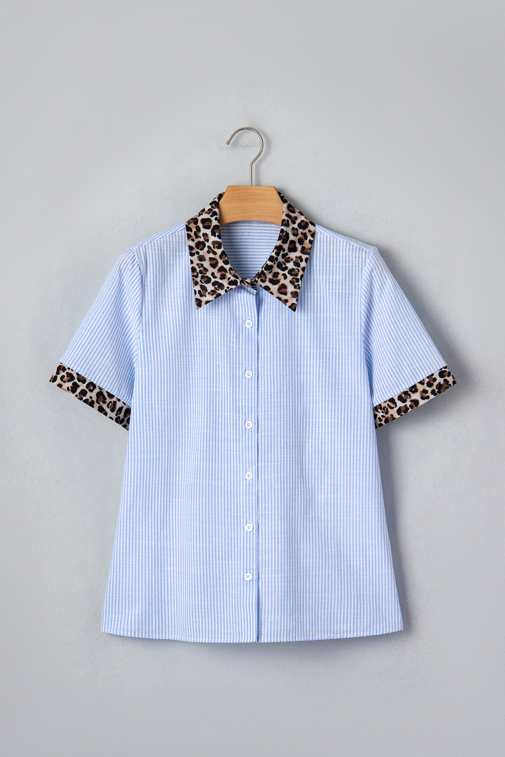 Sky Blue Stripe Leopard Contrast Collar Short Sleeve Shirt