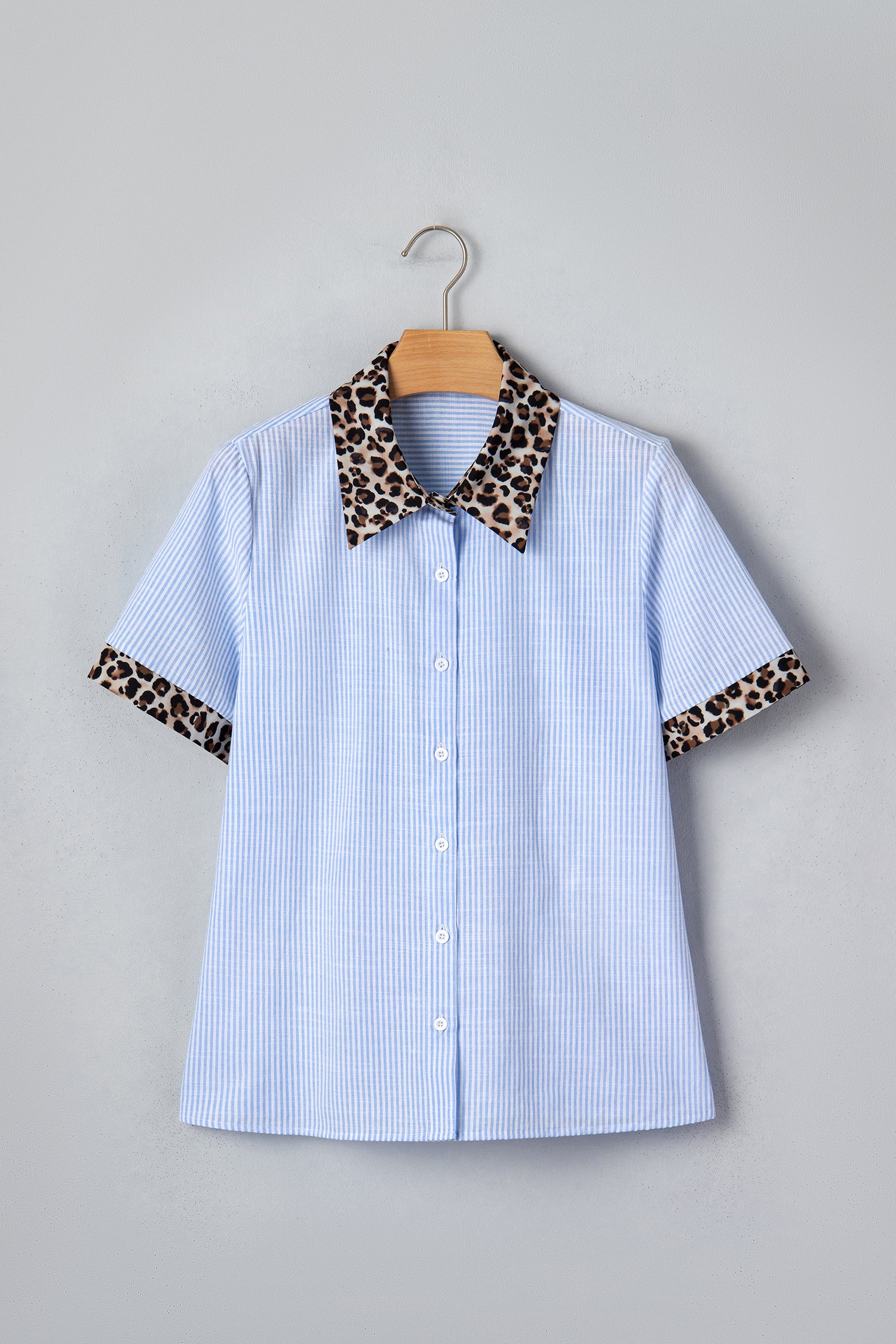 Sky Blue Stripe Leopard Contrast Collar Short Sleeve Shirt