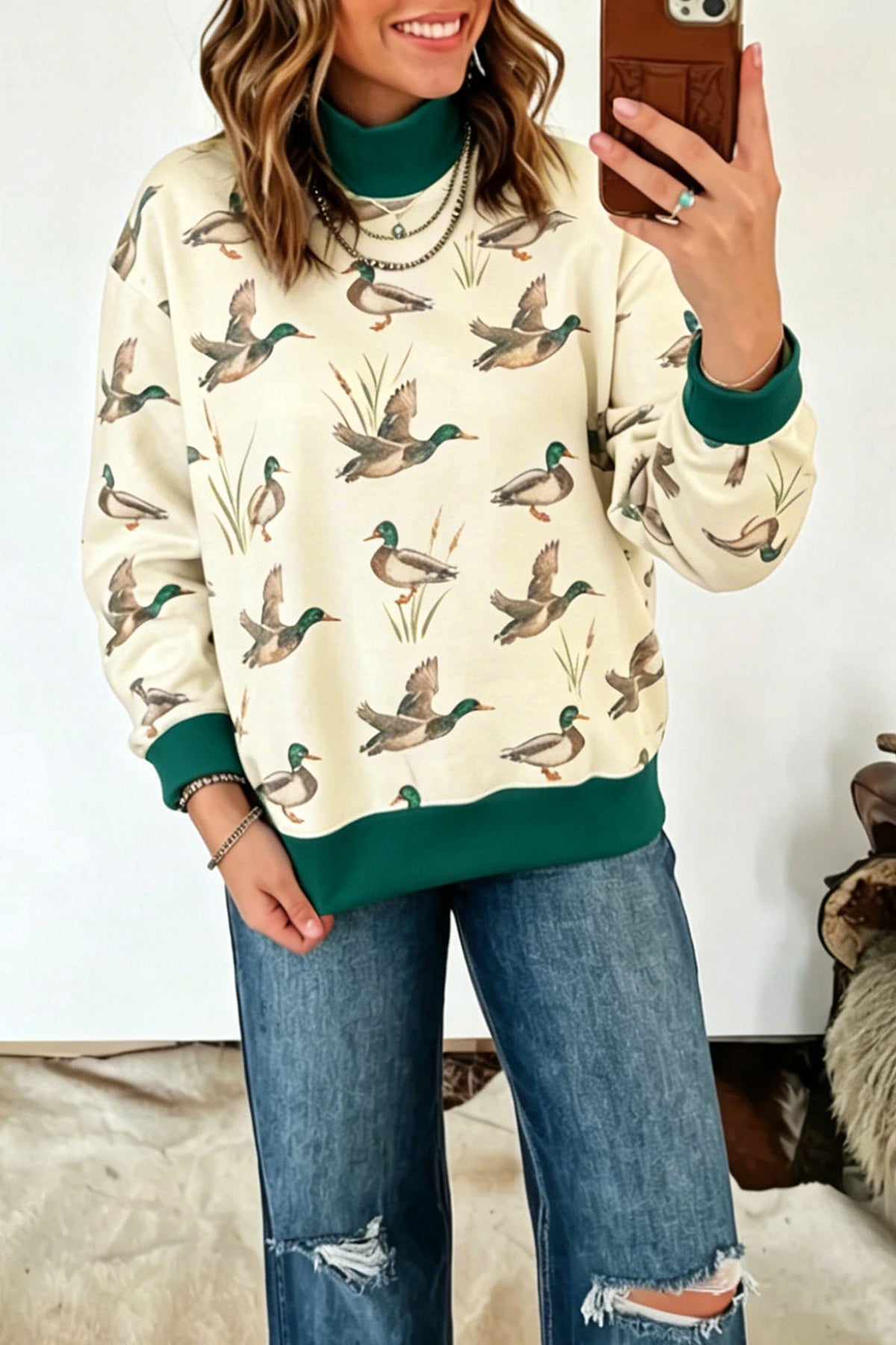 Mallard Print  High Neck Sweatshirt