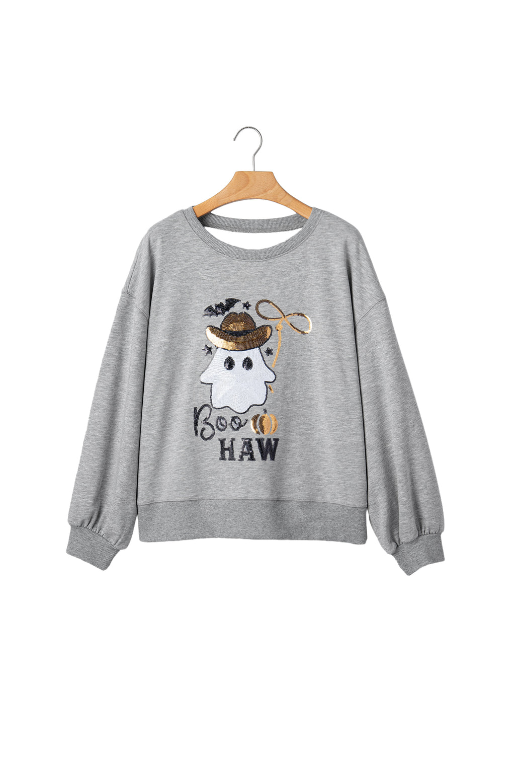 Medium Grey Sequin Western Ghost Print Long Sleeve Round Neck Sweatshirt