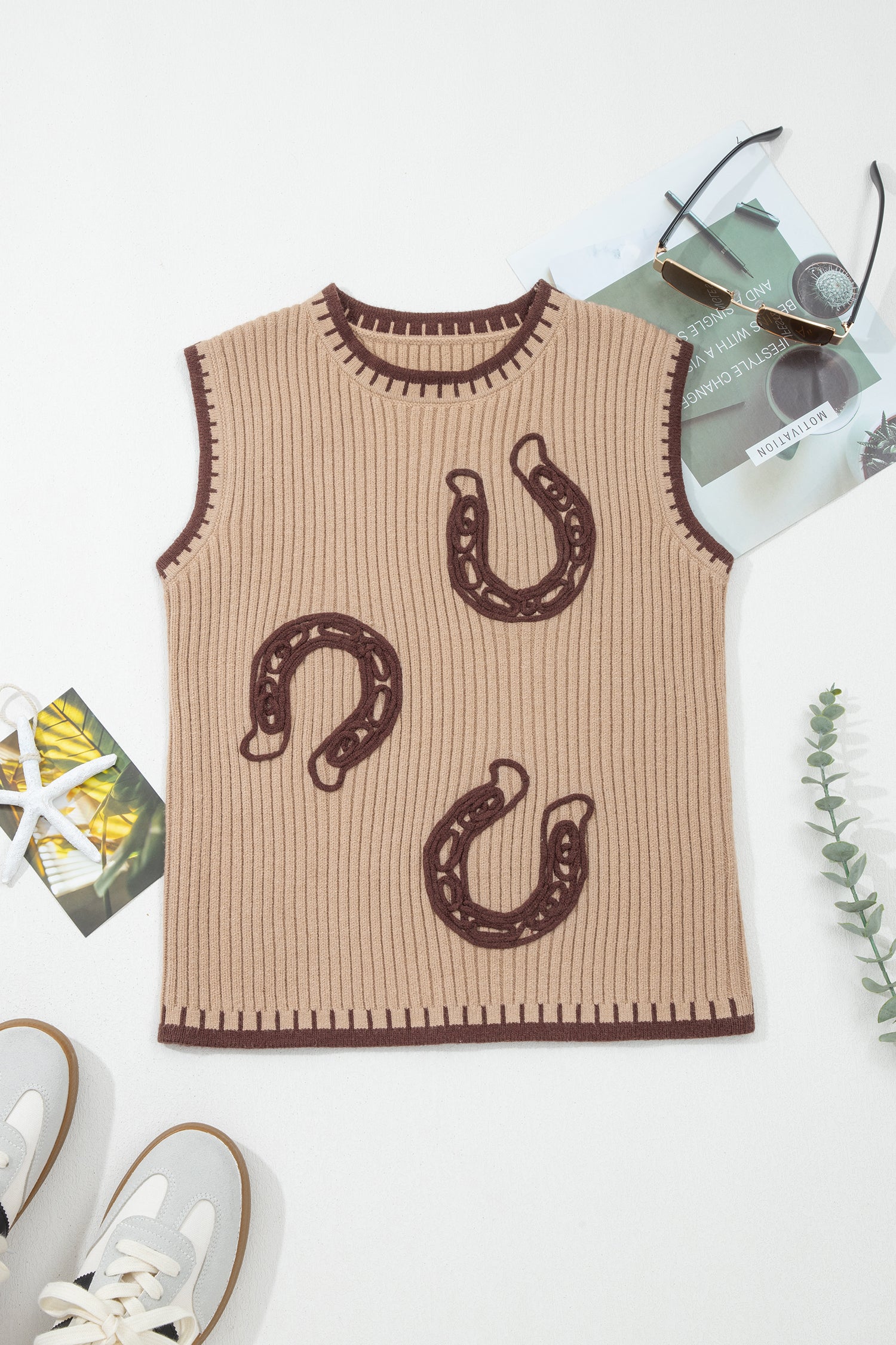 Light French Beige Ribbed Knit Contrast Trim Round Neck Horseshoe Sweater Vest