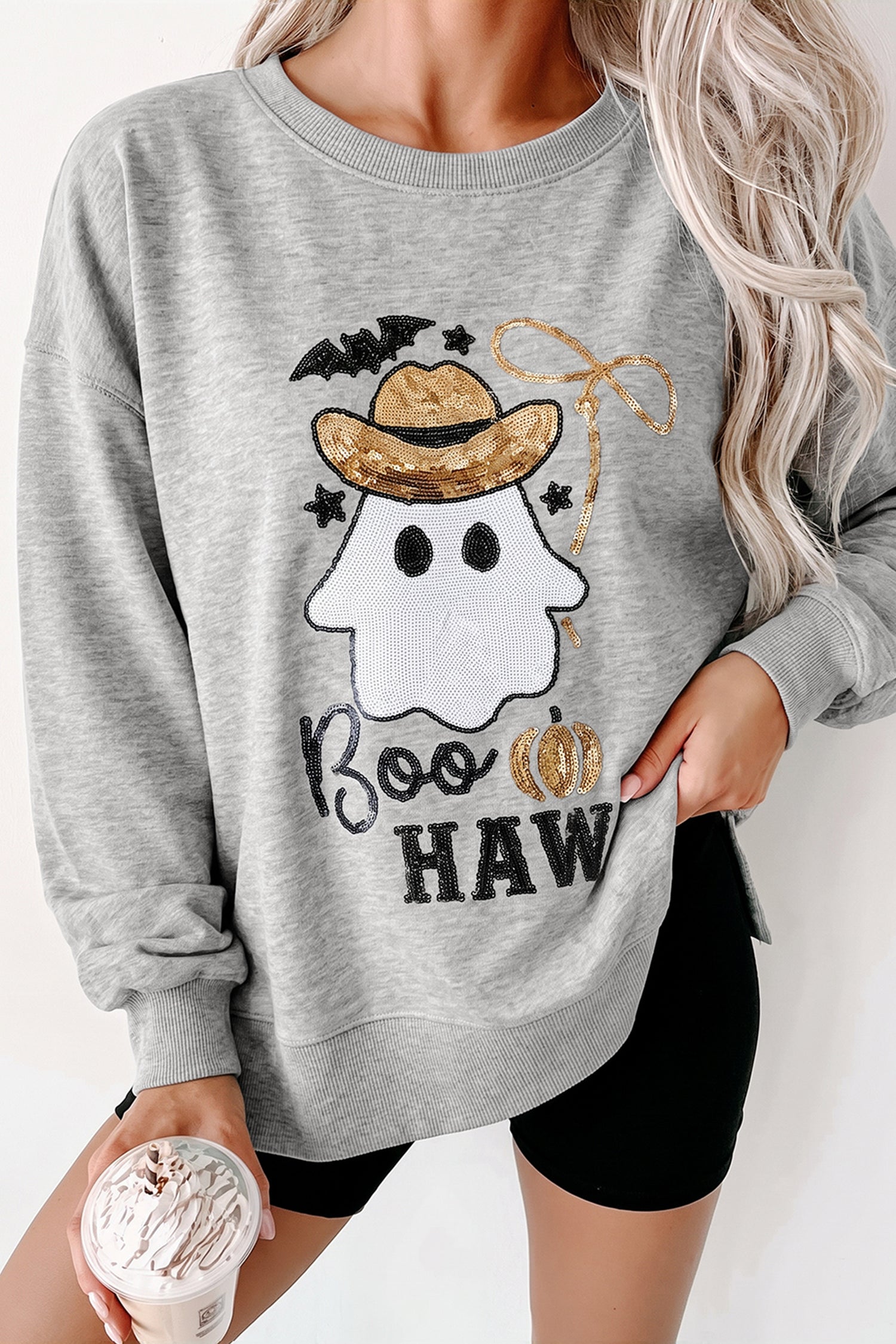 Medium Grey Sequin Western Ghost Print Long Sleeve Round Neck Sweatshirt