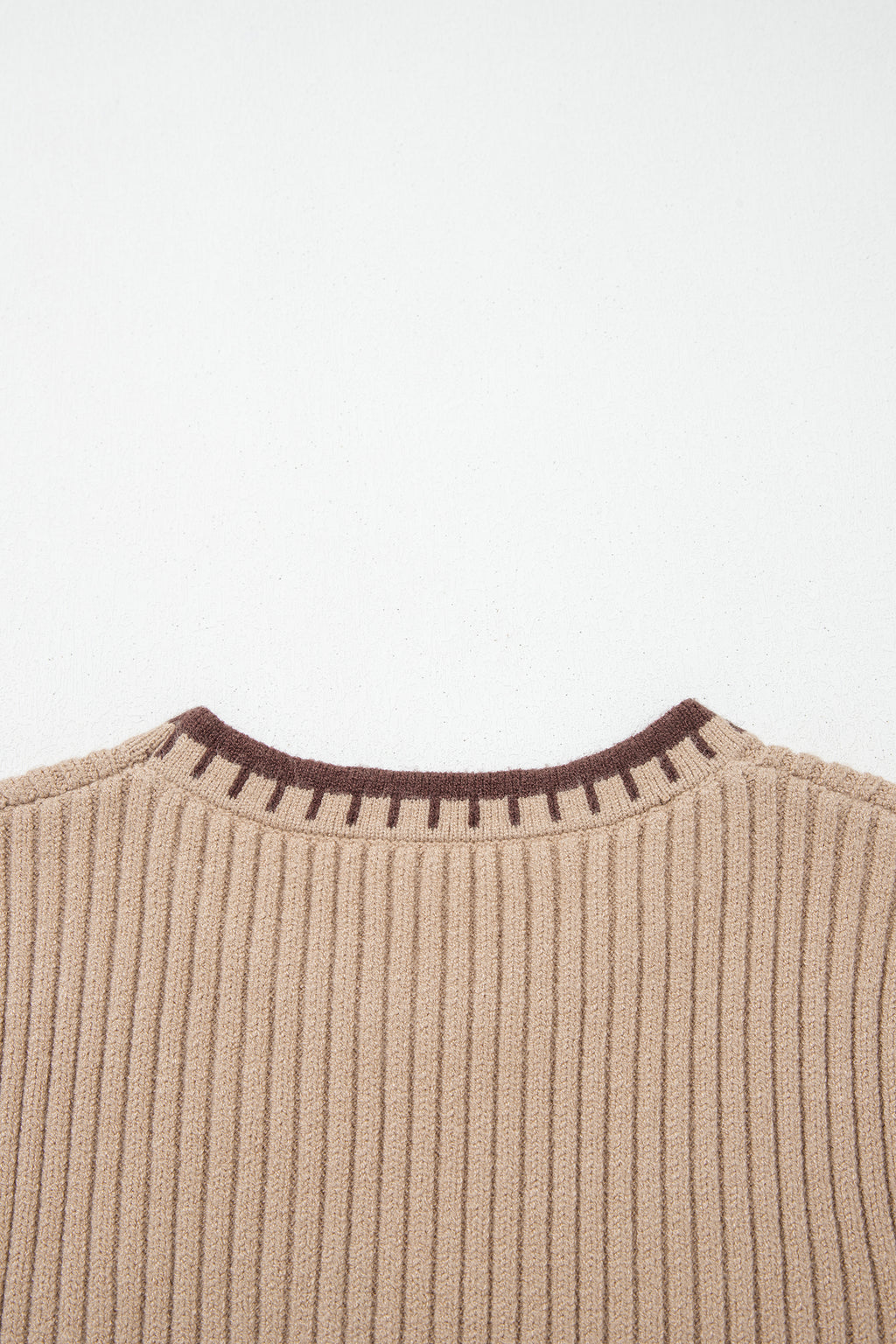Light French Beige Ribbed Knit Contrast Trim Round Neck Horseshoe Sweater Vest