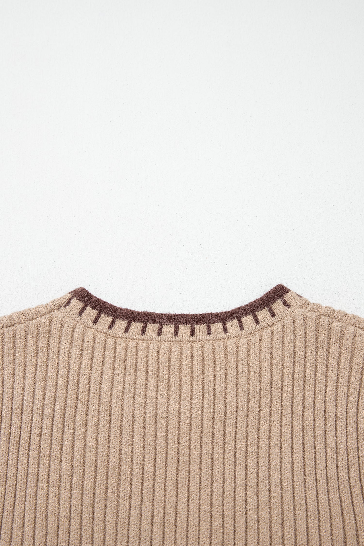 Light French Beige Ribbed Knit Contrast Trim Round Neck Horseshoe Sweater Vest