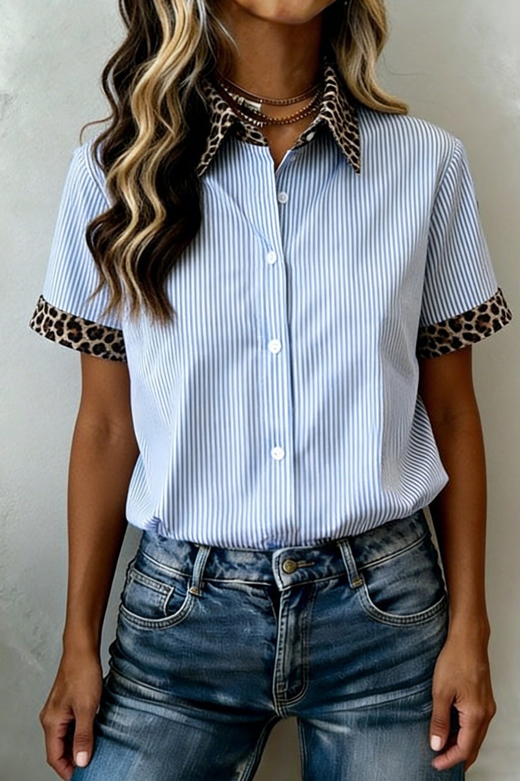 Sky Blue Stripe Leopard Contrast Collar Short Sleeve Shirt