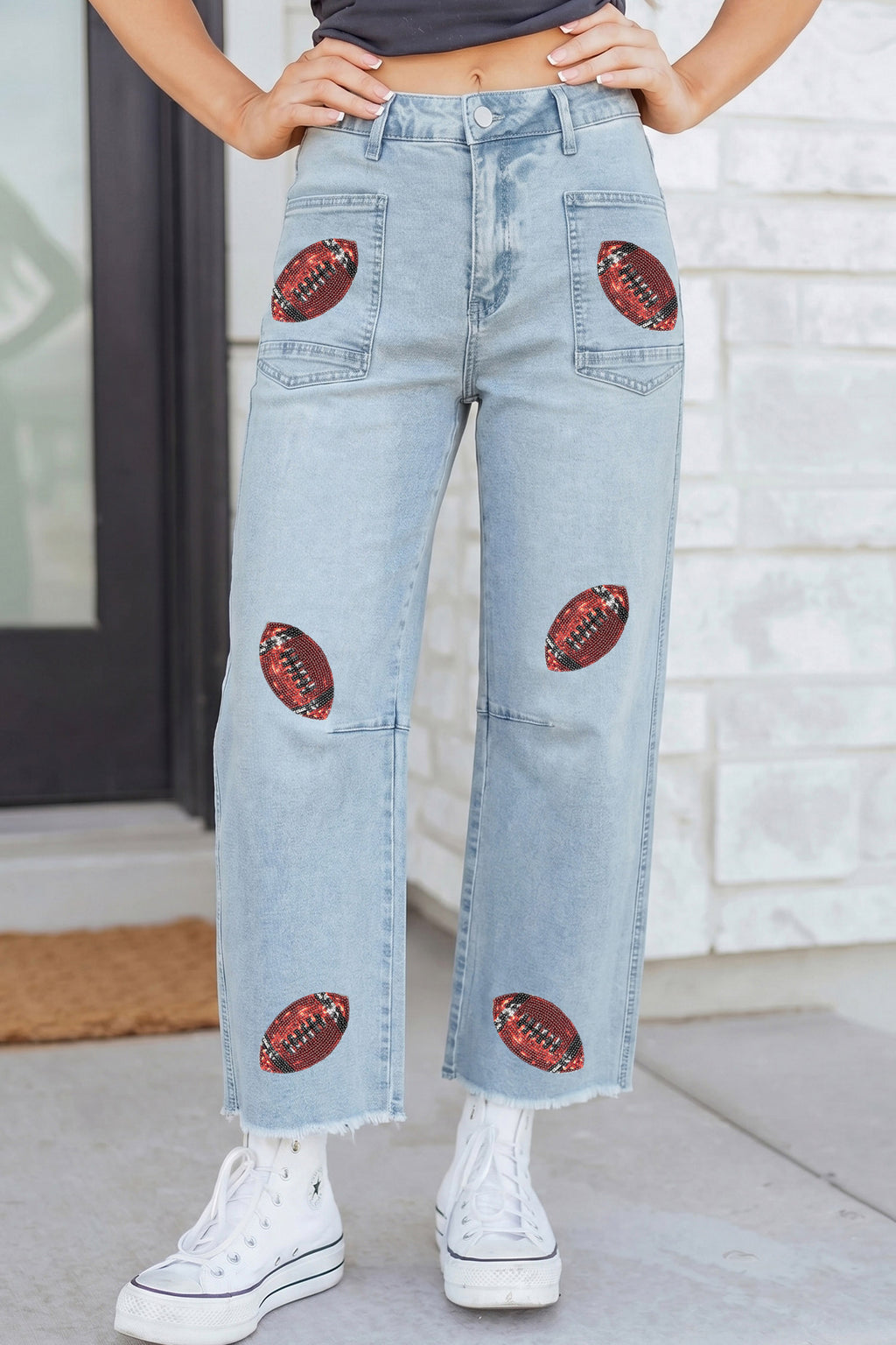 Beau Blue Sequin Rugby Pattern Raw Hem Casual Jeans