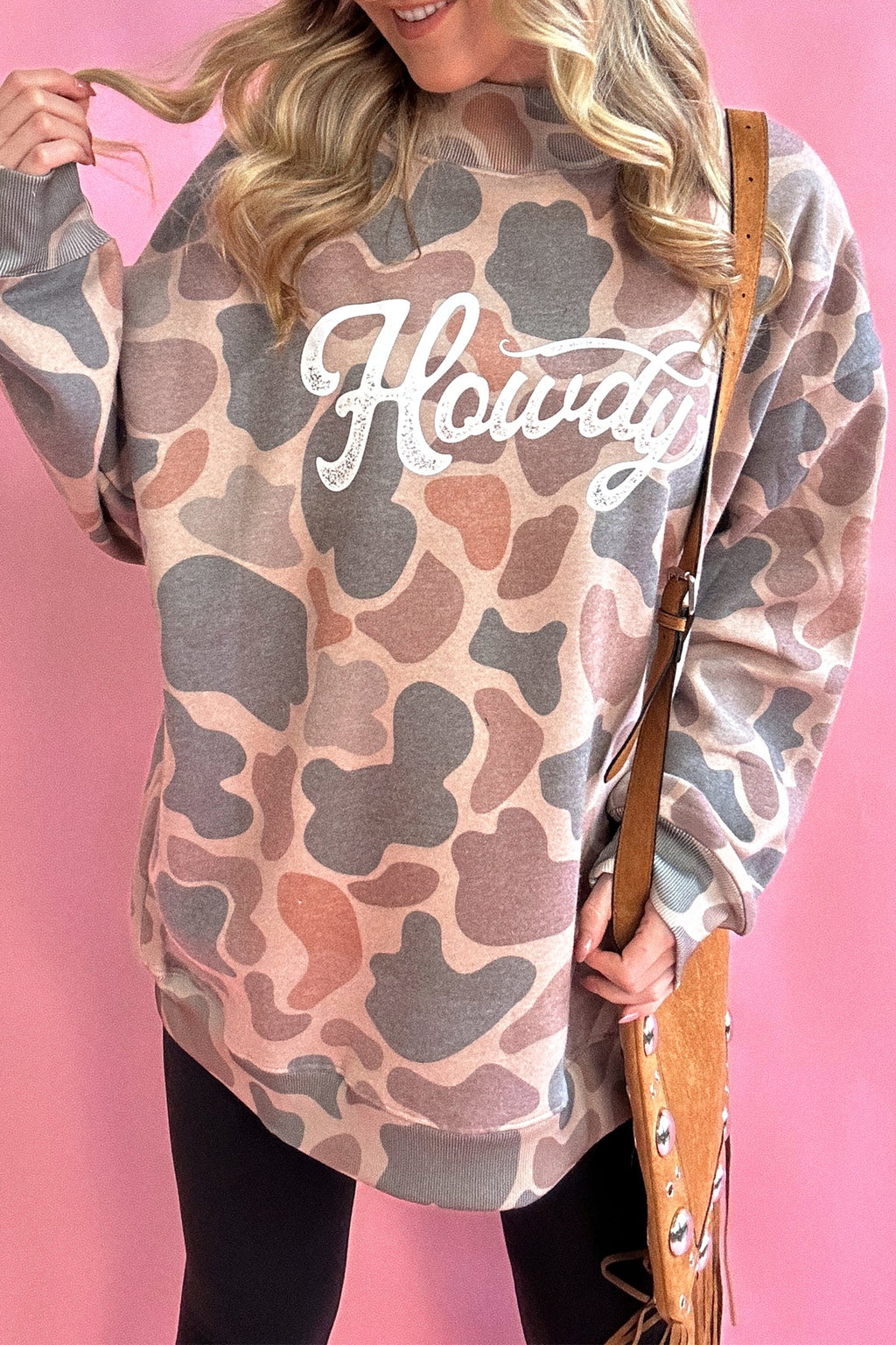 Multicolour Camo Print Howdy Western Style Baggy Pullover Sweatshirt