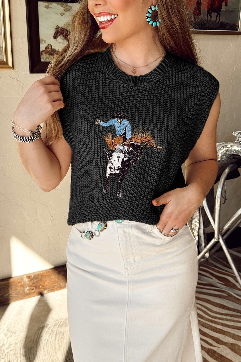 Black Western Cowboy Embroidery Sleeveless Sweater
