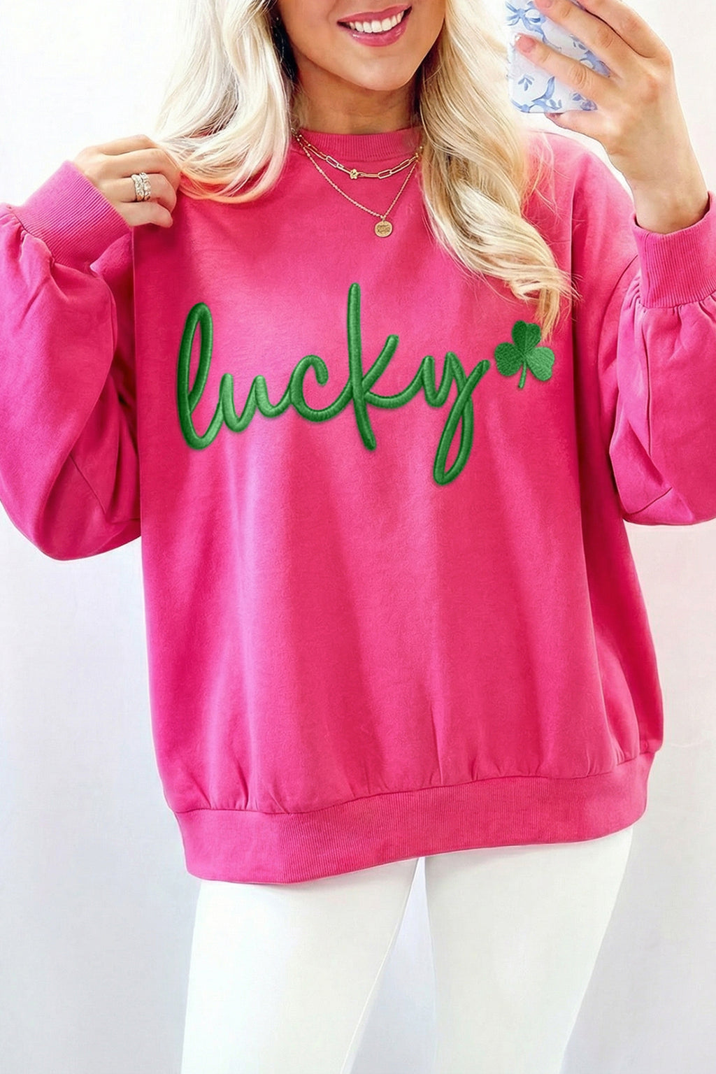 Rose Red Lucky Clover Embroidered Sweatshirt