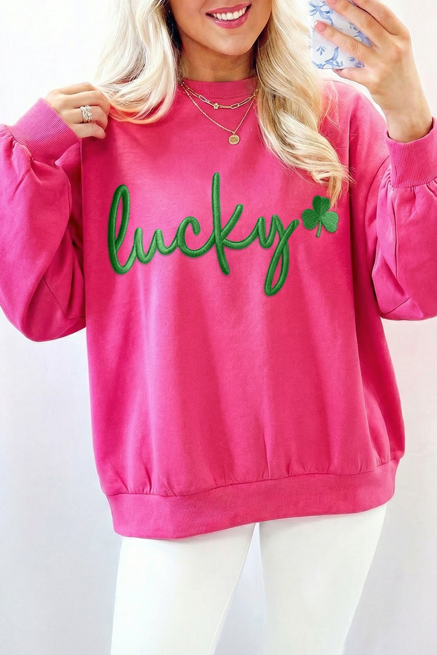 Rose Red Lucky Clover Embroidered Sweatshirt