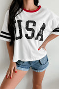 White USA Letter Printed Varsity Striped Sleeve Round Neck Tee