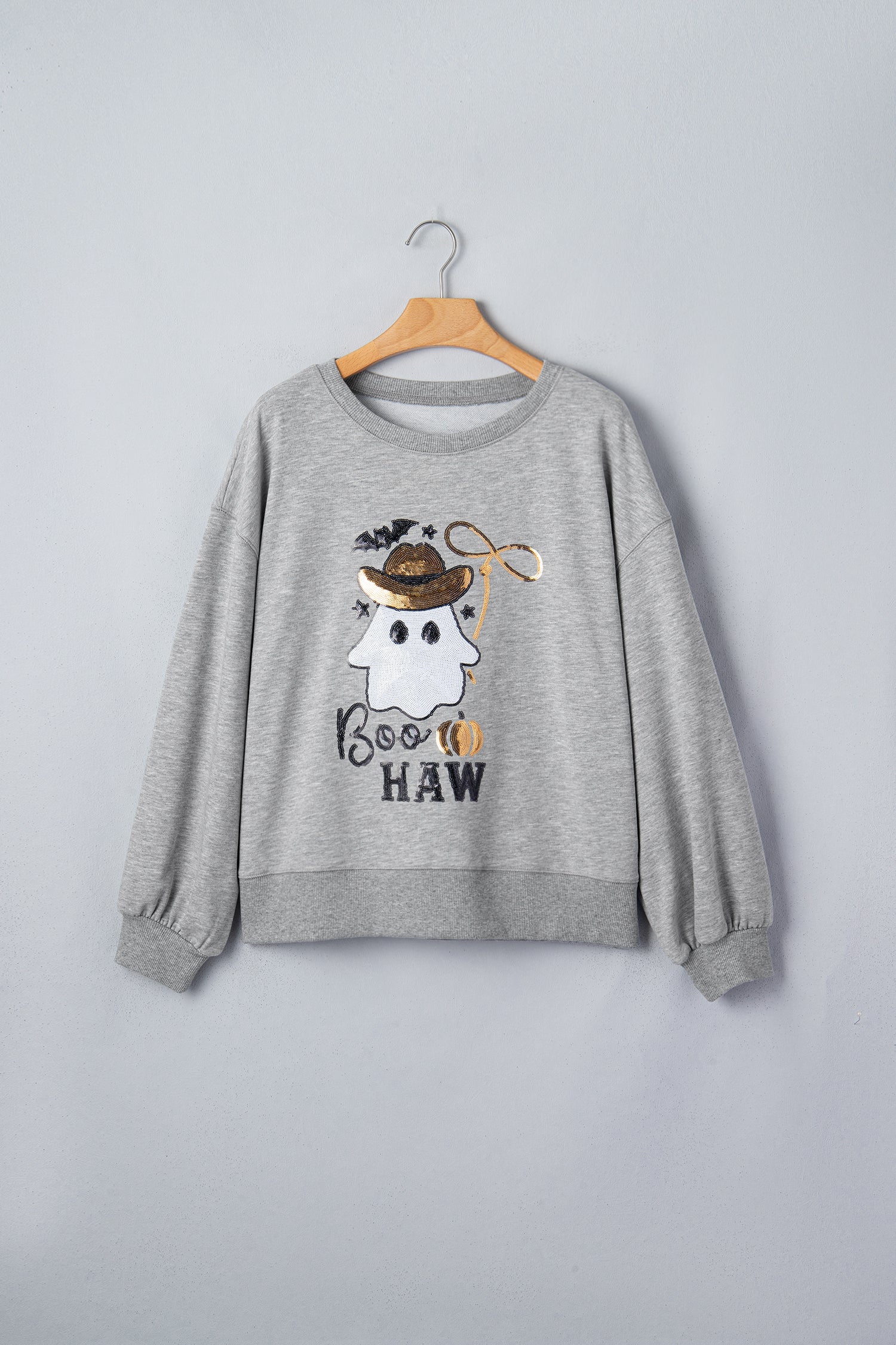 Medium Grey Sequin Western Ghost Print Long Sleeve Round Neck Sweatshirt