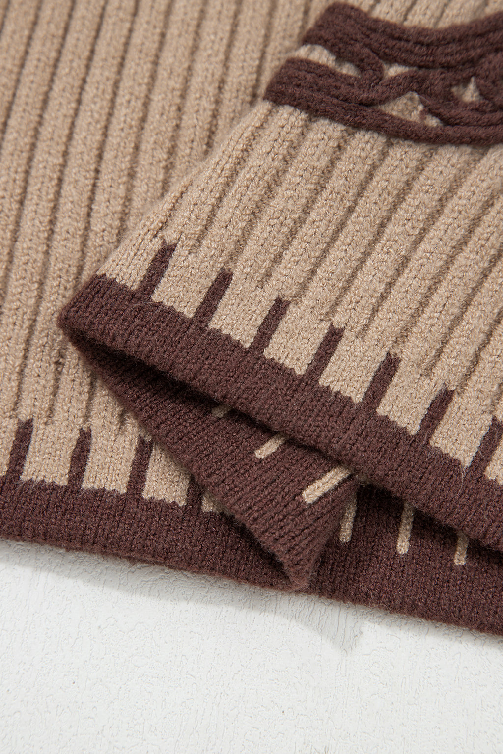 Light French Beige Ribbed Knit Contrast Trim Round Neck Horseshoe Sweater Vest