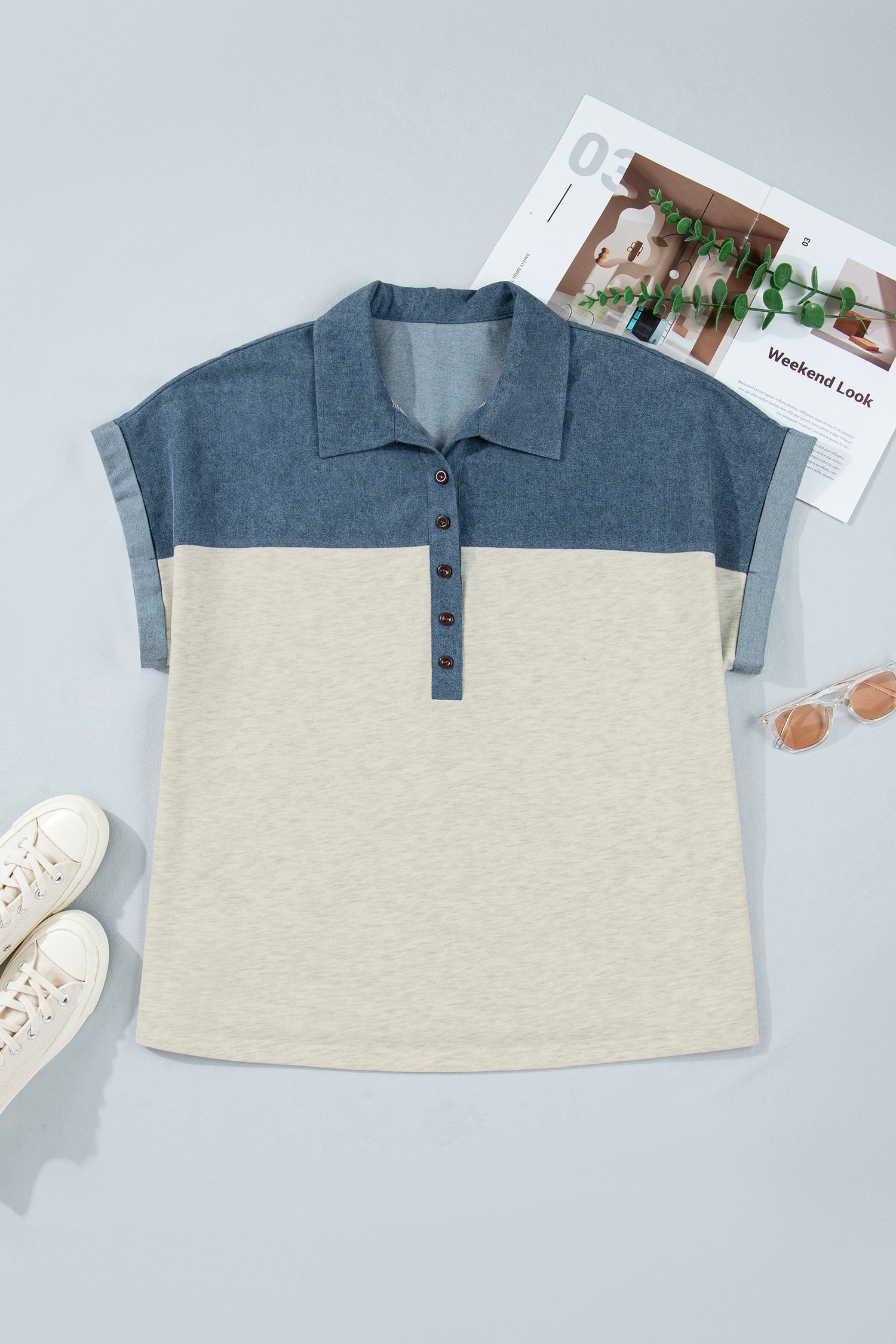 Light Grey Half Buttons Collared Denim Patchwork Plus Short Sleeve Top